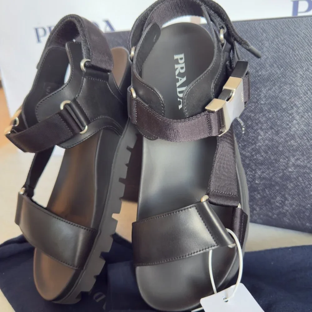 Prada‎ Nastro Black Canvas and Leather Tape Men's Sandal, 10.5 - - 2x3055